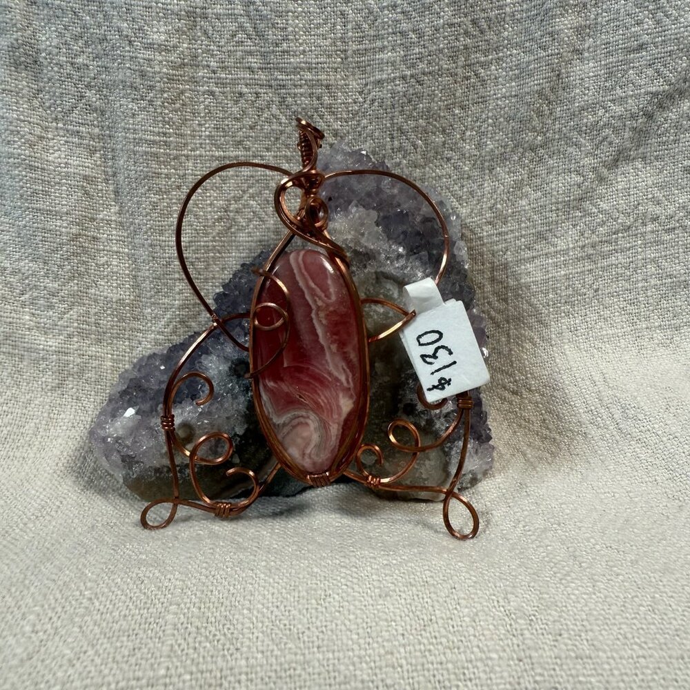 Handmade Rhodochrosite Elongated Oval Gemstone Copper Wire Wrapped Pendant